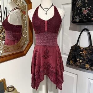 Y2K My Choice Dark Red Floral Embroidered Fairy Handkerchief Hem Halter Dress